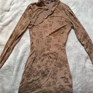 Fashion Nova Taupe Floral Long Sleeve Dress